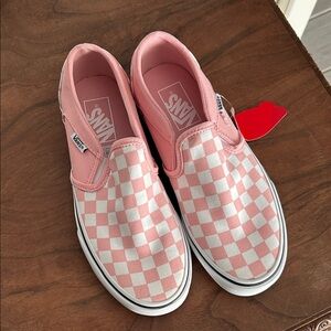 Vans Women’s Pink and White Checkered Slip-On Sneakers
